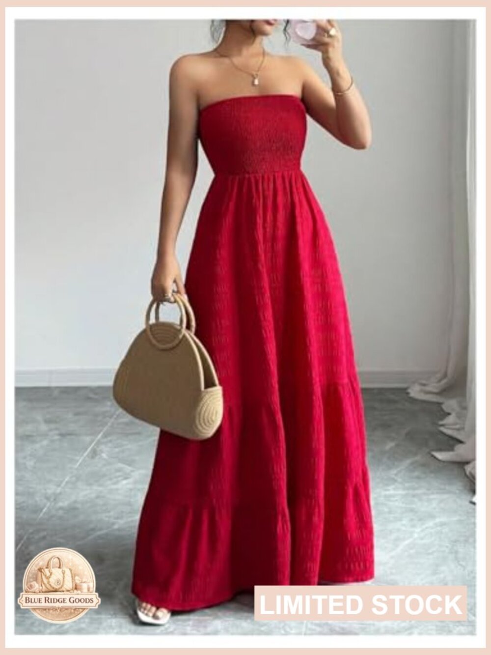 Strapless Tube Top Maxi Dress Smocked A Line Tiered Ruffle Flowy Party - Picture 3 of 5